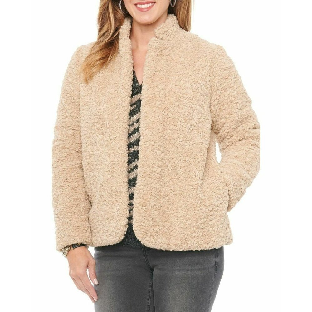 New Democracy XL Womens Faux Fur Open Front Jacket Fleece Coat Pebble Beige NWT